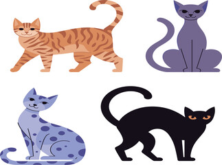 Set of Four Stylized Cat Illustrations, Flat Design Feline Pet Character Collection, Tabby Black Spotted Animal Vector Graphic Clipart