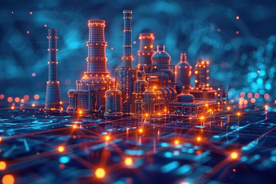A striking image of a futuristic industrial complex bathed in vibrant neon lights, set against a deep blue nighttime backdrop. The scene evokes a sense of technological advancement and urban decay.