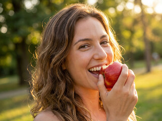 Joyful Woman Bites Red Apple in Sunny Park