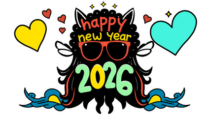 happy new year 2026 with colorful whimsical design on transparent background. Graphic design illustration.