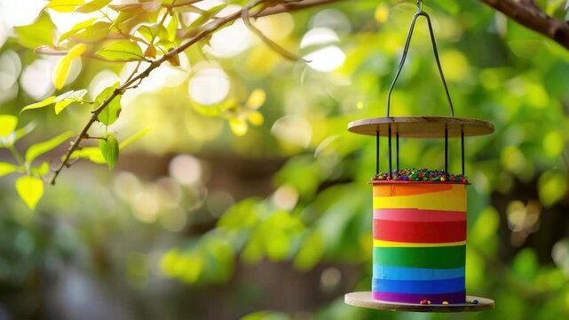 Colorful bird feeder hanging from tree branch with sunlight filtering through leaves
