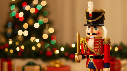 Traditional Christmas nutcracker soldier standing proudly with festive background
