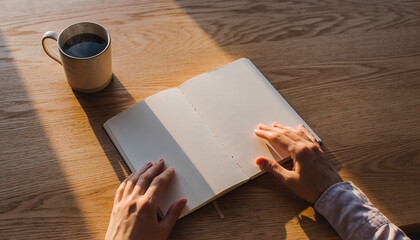 Warm Sunlight Hands Preparing to Write in Blank Notebook with Coffee on Wooden Table