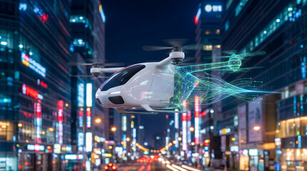 Envision the future with this futuristic flying car soaring through a vibrant city at night, showcasing cutting edge technology and innovative transportation solutions for tomorrow's world