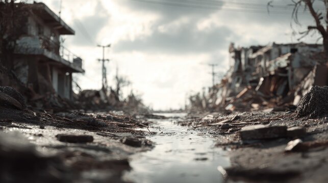 Devastation aftermath in an urban setting, a scene of destruction and ruin