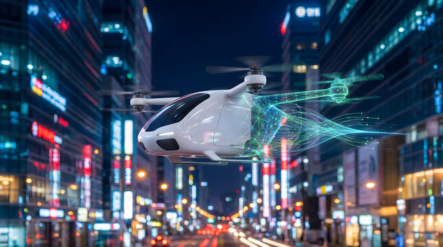 Envision the future with this futuristic flying car soaring through a vibrant city at night, showcasing cutting edge technology and innovative transportation solutions for tomorrow's world