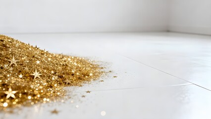 Golden glitter stardust on a white floor. 