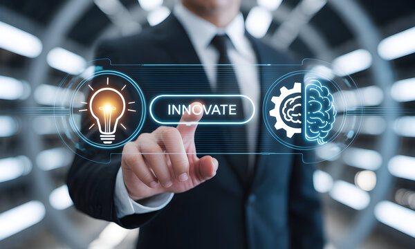 Professional man presses 'Innovate' button, sparking brilliant ideas and creative solutions for digital transformation, driving business success with cutting-edge technology