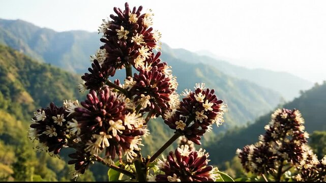 Close Up of Blooming Ixora Flowers Against Mountain Background
