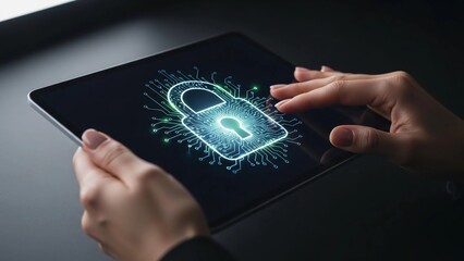 Digital security and data privacy concept. A user interacts with a tablet displaying a glowing padlock, symbolizing online protection and encryption