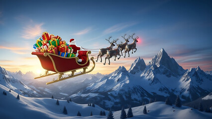 Santa’s sleigh filled with colorful wrapped gifts flying across snowy mountains
