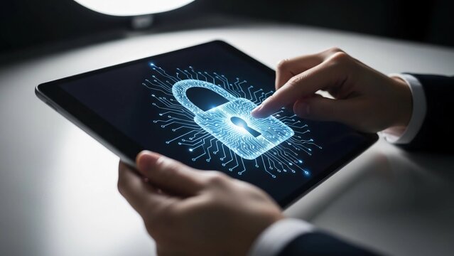 Businessman in a suit secures sensitive company data with a digital lock on a modern tablet, symbolizing cybersecurity and online privacy protection