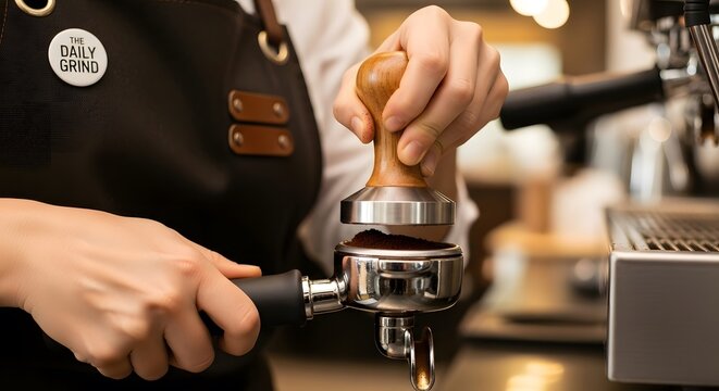 Barista tamping coffee grounds in portafilter for espresso machine. - Powered by Adobe