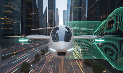 Sleek autonomous aerial vehicle soars above the cityscape, envisioning the future of urban air mobility with advanced technology and futuristic design for sustainable transportation