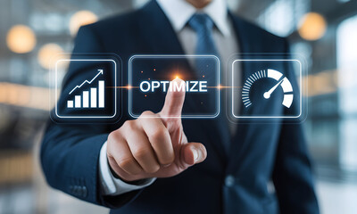 Professional optimizes performance and growth with data driven strategy to achieve business success, showing improved metrics and streamlined processes for maximum efficiency