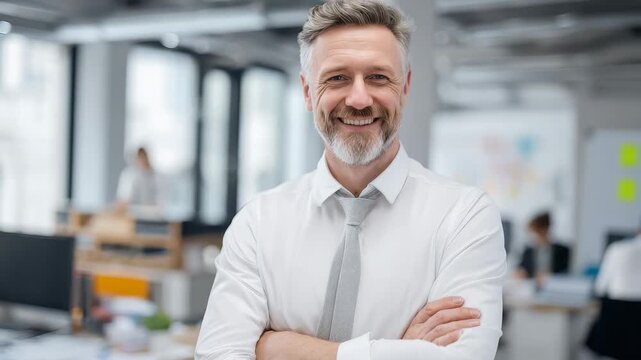 Portrait of a confident businessman smiling with arms crossed in a modern office environment during a productive workday