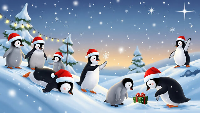 Cute penguins wearing Santa hats playing on icy landscape during Christmas season
 - Powered by Adobe