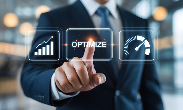 Professional optimizes performance and growth with data driven strategy to achieve business success, showing improved metrics and streamlined processes for maximum efficiency