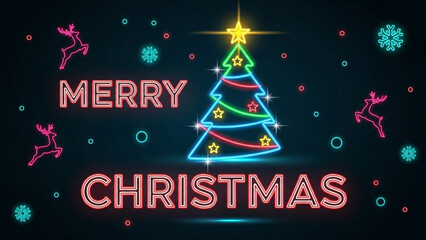 Merry christmas neon sign vector illustration christmas tree reindeer snowflakes holiday background