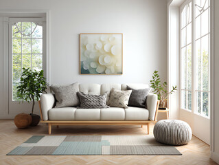 Living Room Interior with White Sofa, Art and Natural Light