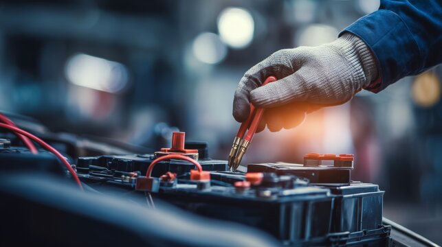 Electric car battery maintenance in a garage with technician working carefully with tools