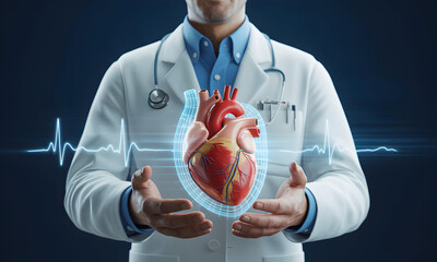Trustworthy doctor holds anatomical heart with digital heartbeat visualization, perfect for medical research and healthcare marketing, showcasing innovative cardiac solutions