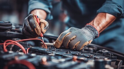 Electric car battery maintenance by a skilled technician in a workshop setting