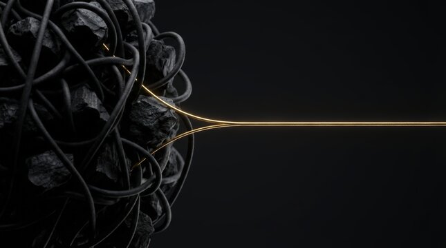 A black and gold wire is shown in front of a large black rock - Powered by Adobe