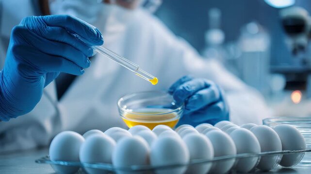 Scientist conducts quality control testing on genetically modified eggs in a laboratory setting with advanced equipment
