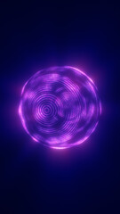 Glowing purple energy sphere with circular light waves radiating on dark background. Futuristic digital core concept