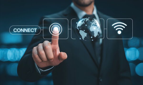 Businessman touching global network interface for worldwide connections, representing modern technology and innovative solutions for business growth and expansion