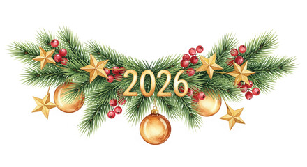 Illustration of a fir branch garland with golden ornaments and red berries, displaying the year 2026, suggesting festive celebration and anticipation