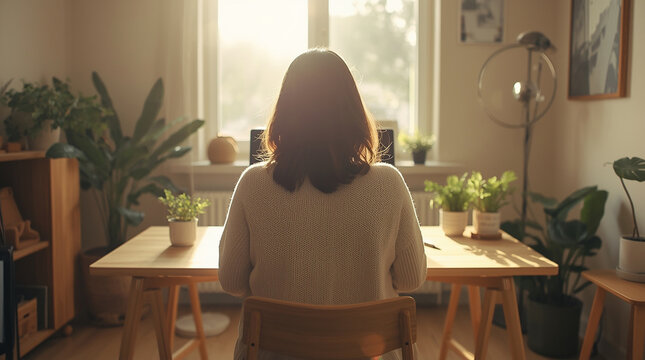 cozy home office interior with a person sitting at a wooden desk from a back view, warm sunlight streaming in through a window and casting a gentle glow, minimal Scandinavian style decor with a focus  - Powered by Adobe
