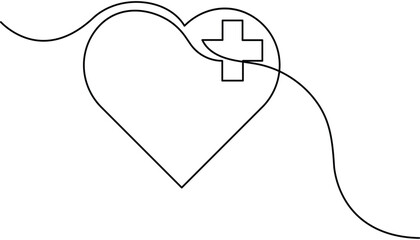Simple one line art medical cross in heart shape continuous drawing white  background