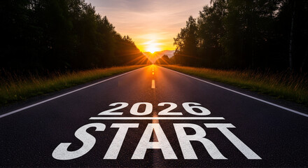 Inspiring journey towards 2026 with a fresh start, driving confidently on a scenic road bathed in golden sunlight, promising a bright future and new beginnings ahead