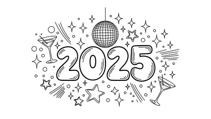 Fototapeta premium Retro Disco Hand Lettered 2025 New Year Typography with Groovy Party Doodles and Sparkles