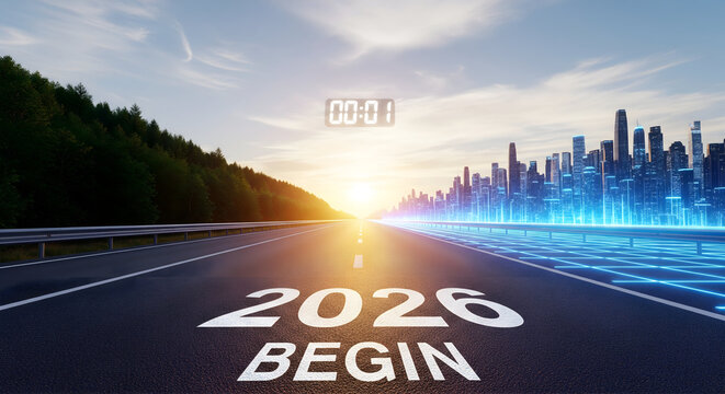 Embark on a transformative journey towards 2026 with a vibrant cityscape and a promising future ahead, symbolizing innovation, progress, and new beginnings on the horizon