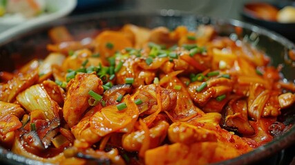 Close-up of a stir fry dish with bright red sauce and vegetables served in a pan - Powered by Adobe