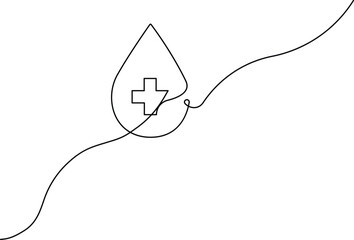 Simple one line art medical cross inside blood drop continuous drawing
