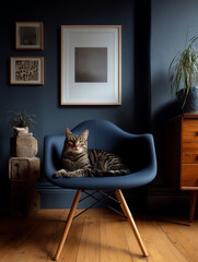 Tabby Cat Relaxing on Stylish Blue Chair in Cozy Room