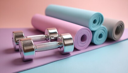 Dumbbells and yoga mats for pastel fitness workout