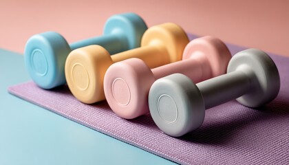 Pastel dumbbells lined on yoga mat for fitness training