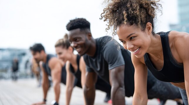 Diverse group of people performing planks during outdoor fitness workout