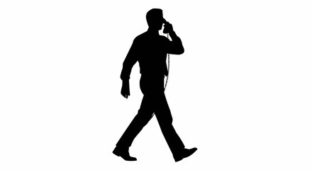 Silhouette of a man walking while talking on the phone, focused on the subject.