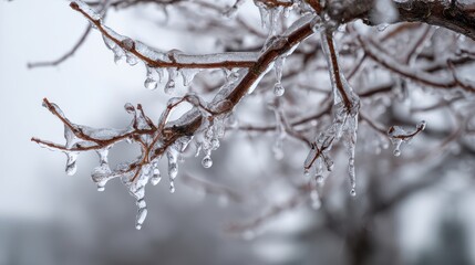 Close up of tree branches covered in ice and icicles in winter image