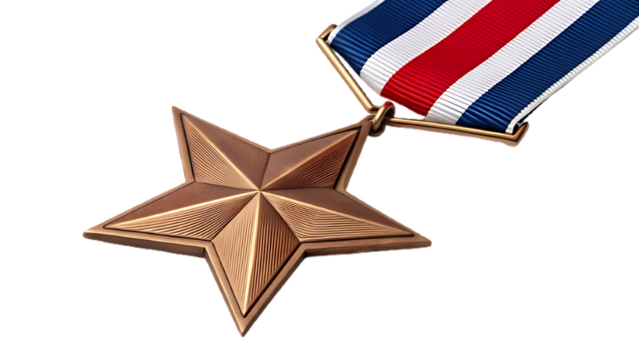 Prestigious bronze star military medal with ribbon, isolated transparent, high-resolution metallic texture, sharp edges ideal for background removal, premium Veterans Day award concept