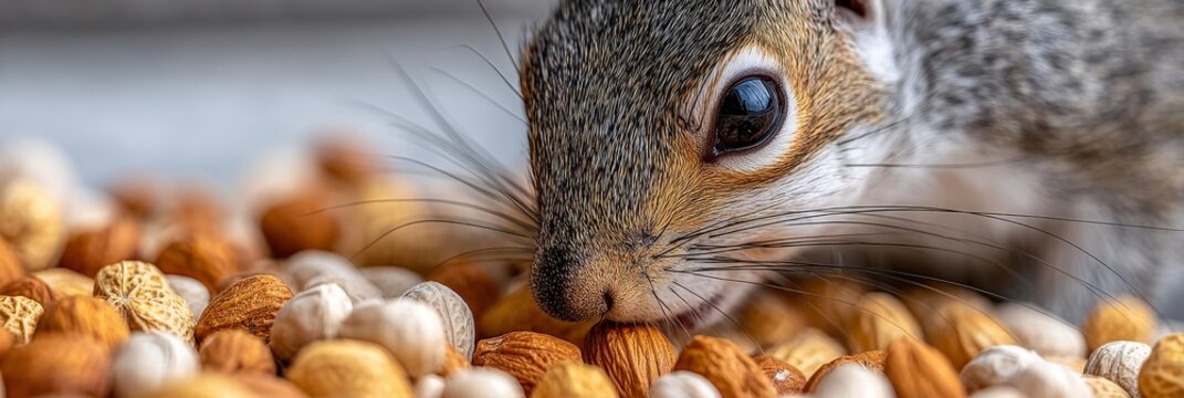 Eastern Gray Squirrel foraging among acorns and autumn treasures in preparation for winter survival
