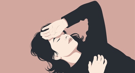 Illustration of a woman lying down with her hand on her forehead, looking unwell.