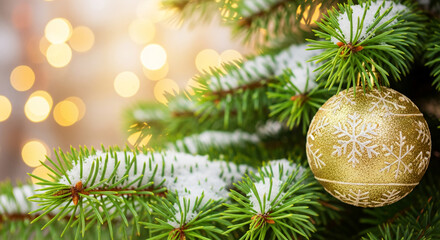 Close-up of a coniferous branch covered with snow, featuring an ornament. Symbolizes Christmas, winter holidays, and festive season.