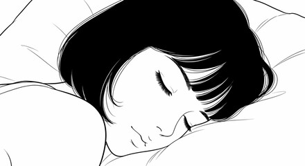 A black and white anime-style animation of a person with short dark hair sleeping peacefully on a pillow.